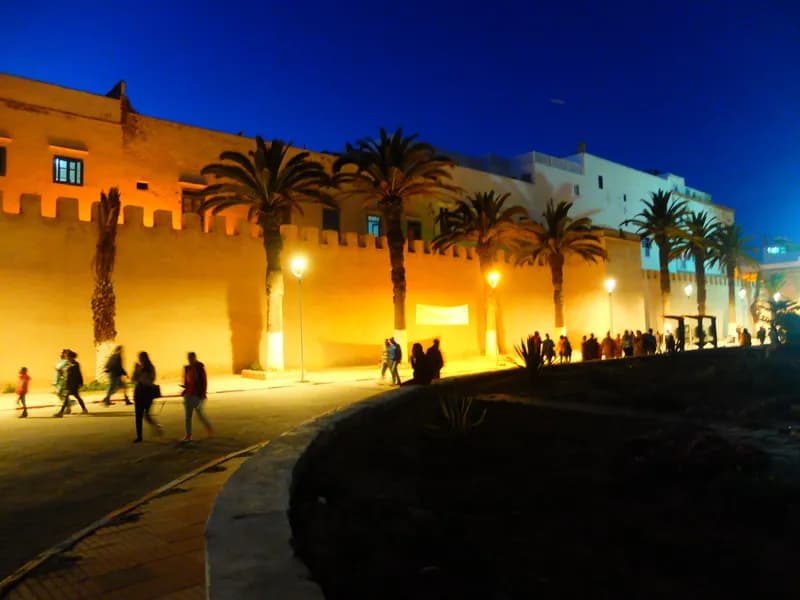 A lane in Essaouira’s medina lit up at night
