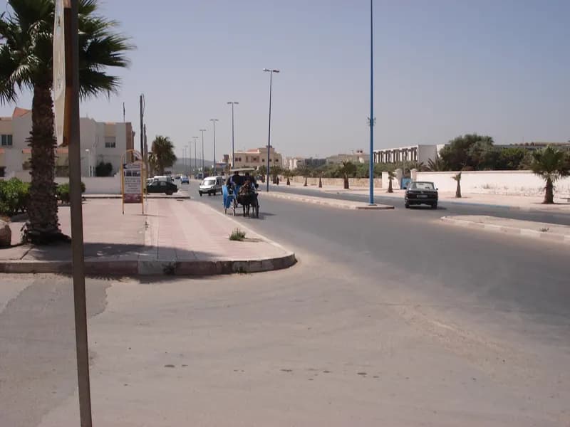 Avenue Al Akaba dans la ville nouvelle d’Essaouira, palmiers, lampadaires et calèche sous un ciel clair