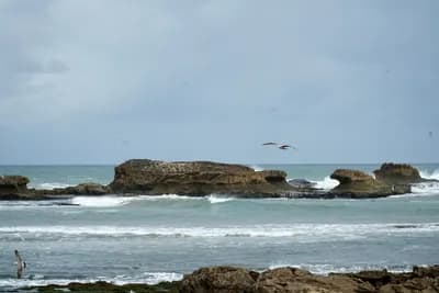 Walkers on Essaouira beach, wind and spray